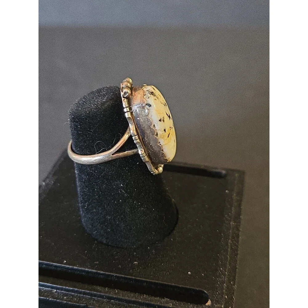 VINTAGE LH SIGNED NAVAJO STERLING SILVER WHITE BUFFALO TURQUOISE RING SIZE 7